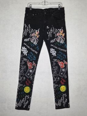 Waimea Skinny Jean 32x31 Black Graphic Graffiti Streetwear Y2K Punk Grunge Skull